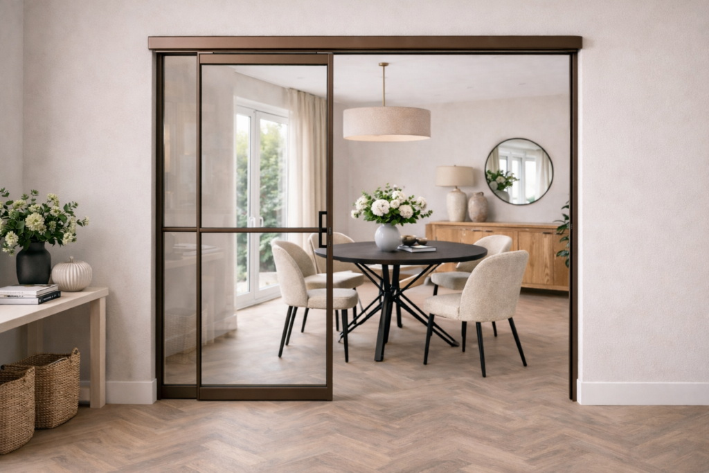 Stijlvolle schuifdeur met eethoek zicht