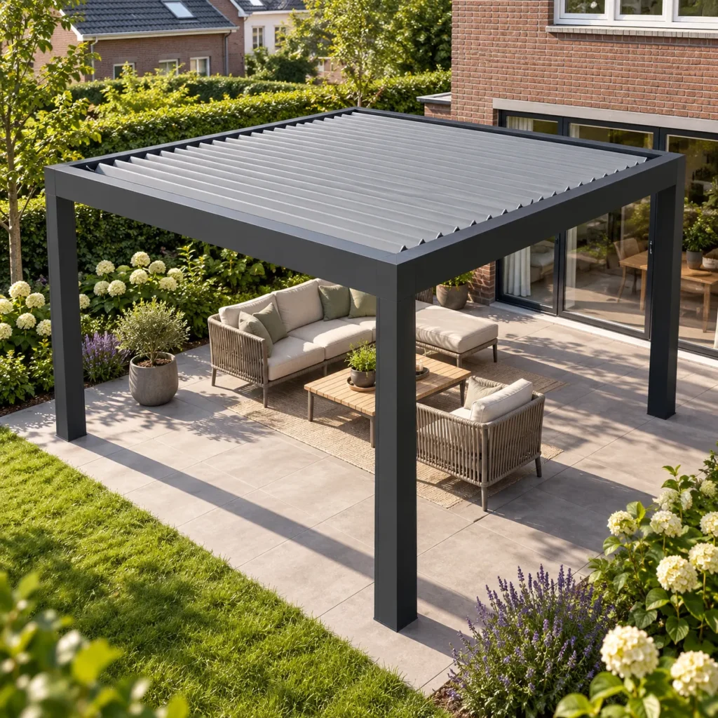 Dakafwerking pergola met lamellendak.