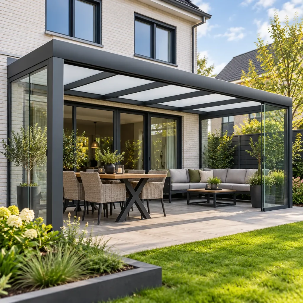 Moderne glazen terrasoverkapping in de tuin hvwood&steel