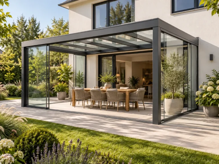 Moderne glazen veranda in groene tuin - hvwood&steel