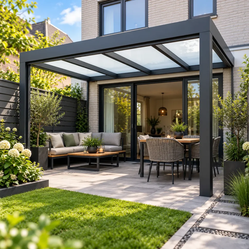 Moderne overkapping in stadstuin - hvwood&steel